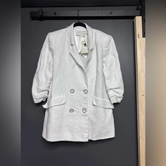 NWT Ramy Brook Gianni Raw Trim Double-Breasted Blazer White 8 - Picture 2 of 5